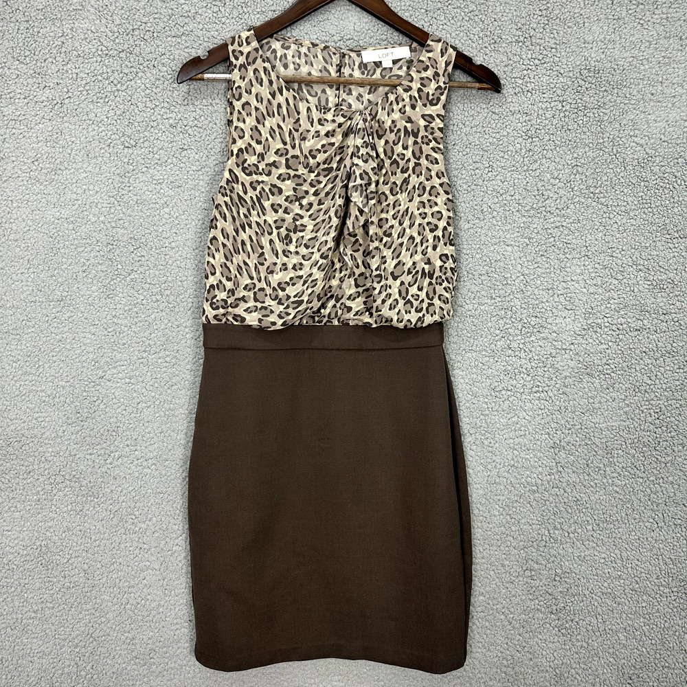 LOFT Brown Animal Leopard Print Sheath Dress Sleeveless Career Boho Chic Women 2